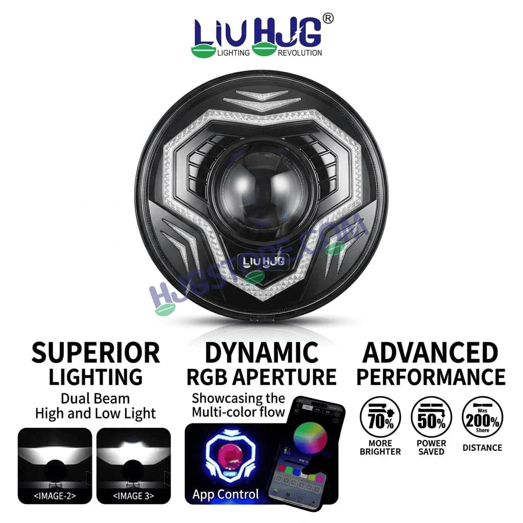 HJG C-292 Prime App-Controlled RGB DRL 7 Inch Headlight Assembly White Amber 7 Inch Headlight Assembly 108W Projector Ultra Wide C-292 LED Headlight Assembly | 108W CREE/Osram LED Chip RGB App Control DRL Compatible with Royal Enfield, Jeep, Thar, Gypsy - HJGstore.com