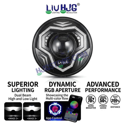 HJG C-292 Prime App-Controlled RGB DRL 7 Inch Headlight Assembly White Amber 7 Inch Headlight Assembly 108W Projector Ultra Wide C-292 LED Headlight Assembly | 108W CREE/Osram LED Chip RGB App Control DRL Compatible with Royal Enfield, Jeep, Thar, Gypsy - HJGstore.com