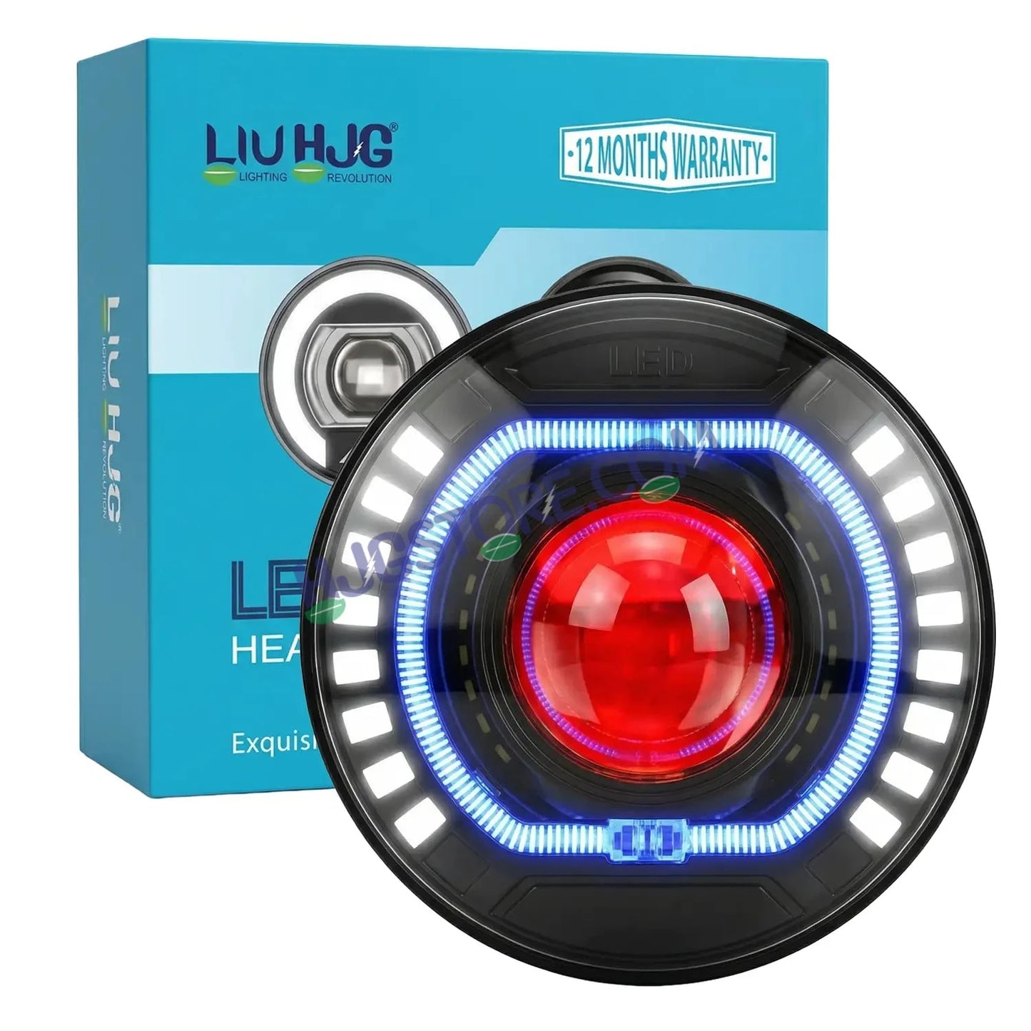 HJG C-227 Red Devil Blue Halo Ring 108W Projector Ultra Wide 7 Inch Headlight Assembly Red Blue Halo Ring C-227 White LED Headlight New Projector Headlight Assembly | 108W CREE/Osram LED Chip Multi DRL Compatible with Royal Enfield, Jeep, Thar, Gypsy - HJGstore.com