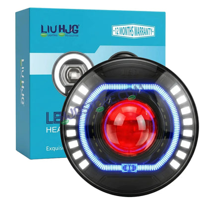 HJG C-227 Red Devil Blue Halo Ring 108W Projector Ultra Wide 7 Inch Headlight Assembly Red Blue Halo Ring C-227 White LED Headlight New Projector Headlight Assembly | 108W CREE/Osram LED Chip Multi DRL Compatible with Royal Enfield, Jeep, Thar, Gypsy - HJGstore.com