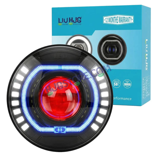 HJG C-227 Red Devil Blue Halo Ring 108W Projector Ultra Wide 7 Inch Headlight Assembly Red Blue Halo Ring C-227 White LED Headlight New Projector Headlight Assembly | 108W CREE/Osram LED Chip Multi DRL Compatible with Royal Enfield, Jeep, Thar, Gypsy - HJGstore.com