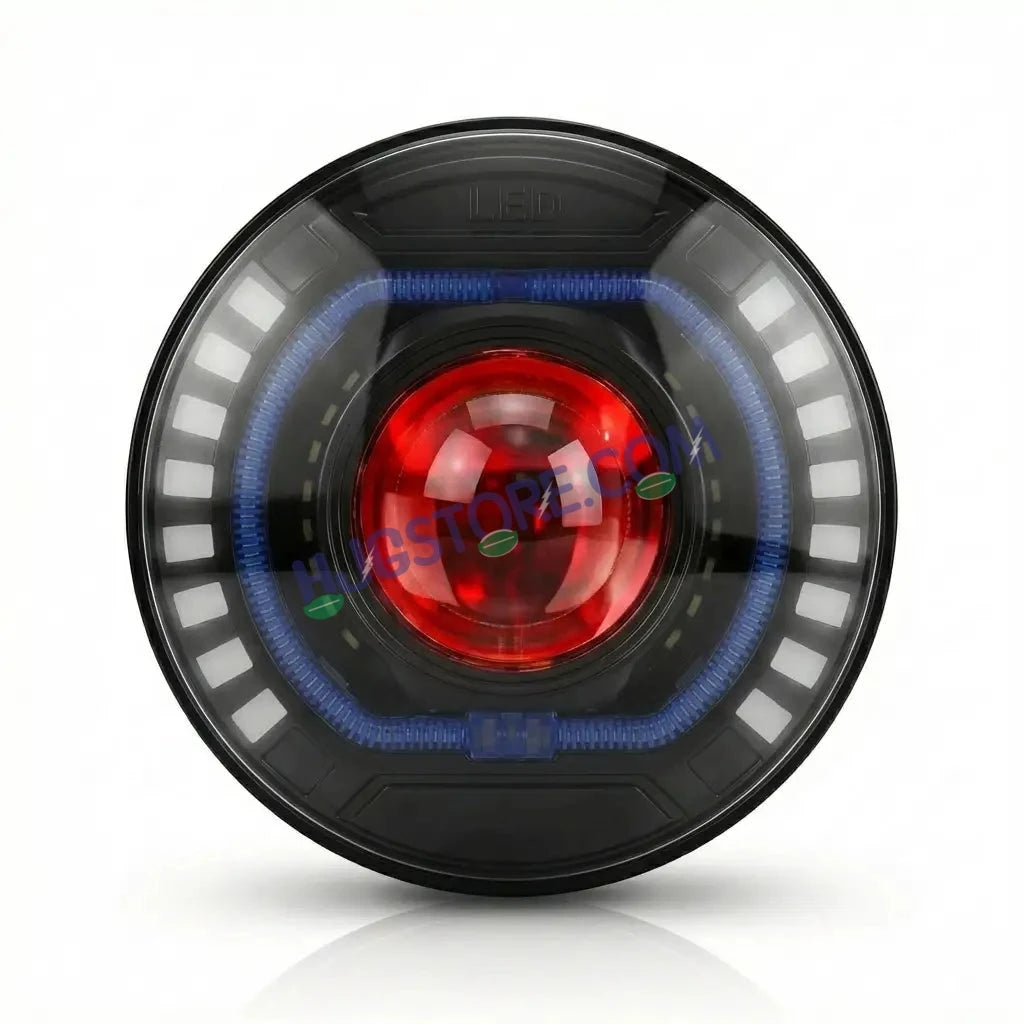 HJG C-227 Red Devil Blue Halo Ring 108W Projector Ultra Wide 7 Inch Headlight Assembly Red Blue Halo Ring C-227 White LED Headlight New Projector Headlight Assembly | 108W CREE/Osram LED Chip Multi DRL Compatible with Royal Enfield, Jeep, Thar, Gypsy - HJGstore.com