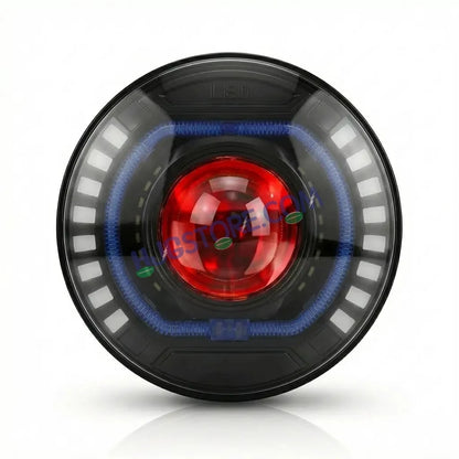 HJG C-227 Red Devil Blue Halo Ring 108W Projector Ultra Wide 7 Inch Headlight Assembly Red Blue Halo Ring C-227 White LED Headlight New Projector Headlight Assembly | 108W CREE/Osram LED Chip Multi DRL Compatible with Royal Enfield, Jeep, Thar, Gypsy - HJGstore.com