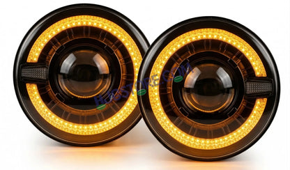 HJG C-320 7 Inch Headlight Set Pack of 2 108W Projector Ultra Wide 7 Inch Headlight Assembly 2pc C-320 Left Right White LED Headlight Projector Headlight Assembly | 108W CREE/Osram LED Chip Multi DRL Compatible with Jeep, Jimny, Thar, Gypsy - Set of 2, H4 - HJGstore.com