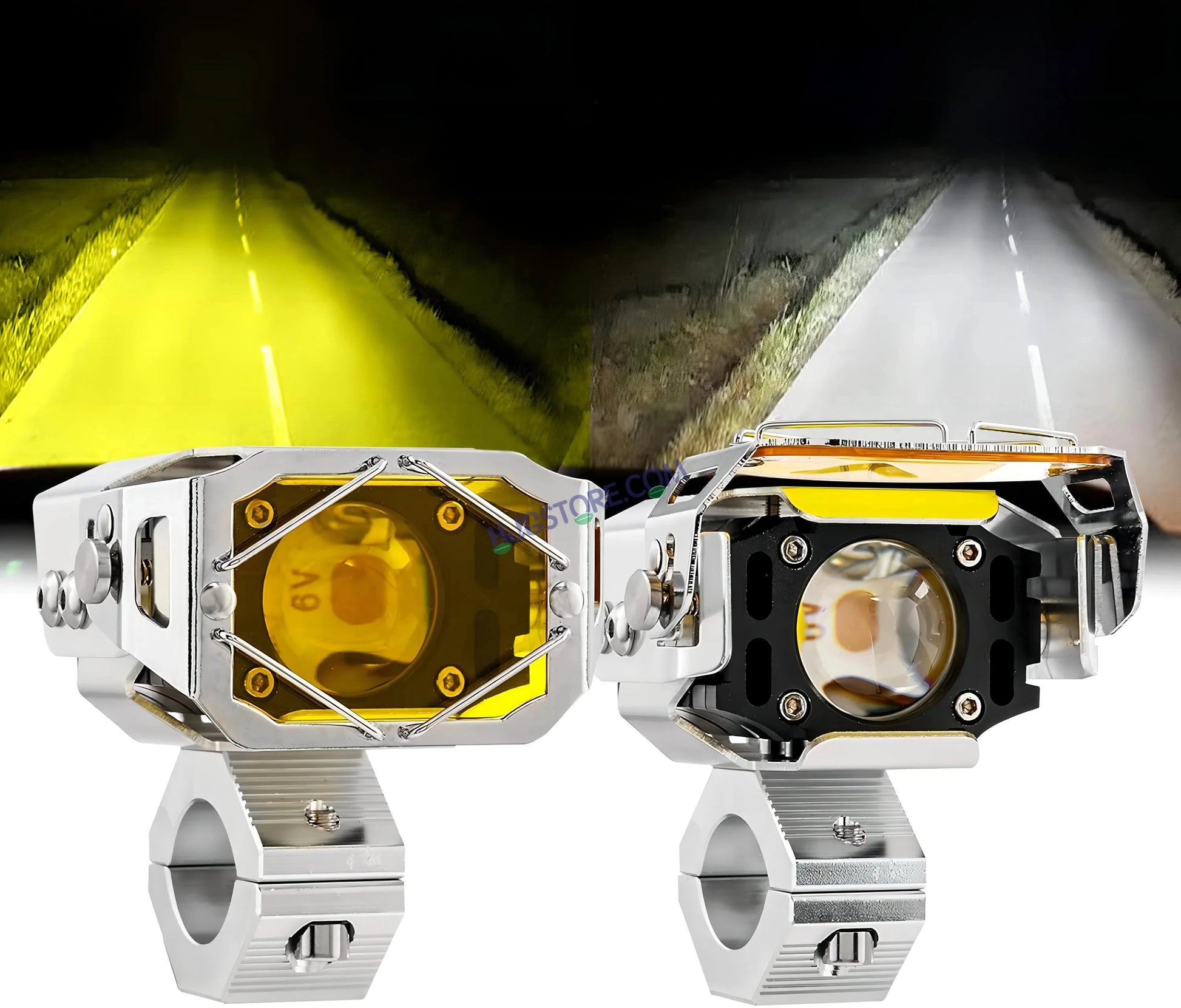 HJG Chrome Transformer Foglight 140W LED Projector with Wiring Kit Slider Yellow Cap Wide Spread White/Yellow 140W 2pc Foglight Ultra Wide Dual Intensity LED Driving Fog Lights 3000K/6500K Universal For All Cars & Bikes, Pack of 2 with Wiring Harness Kit - HJGstore.com