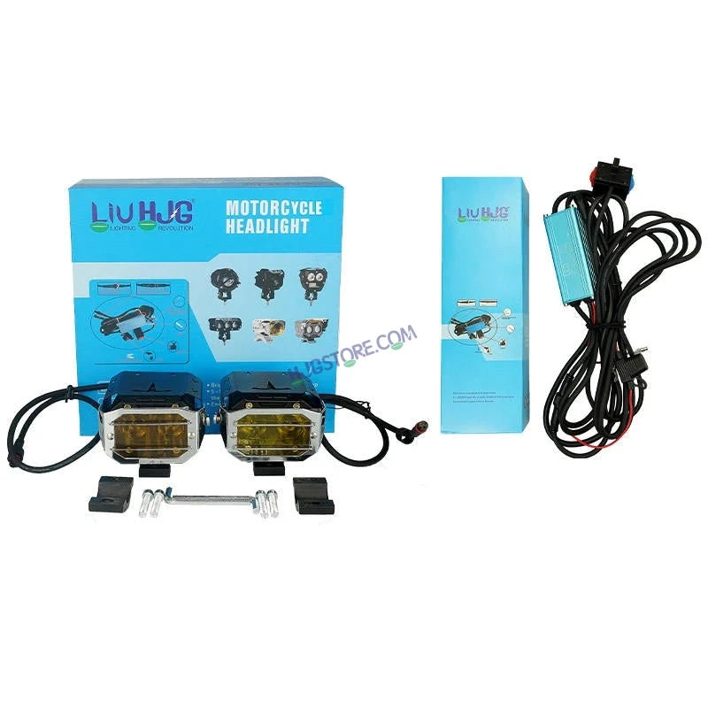 HJG Chrome Transformer Foglight 140W LED Projector with Wiring Kit Slider Yellow Cap Wide Spread White/Yellow 140W 2pc Foglight Ultra Wide Dual Intensity LED Driving Fog Lights 3000K/6500K Universal For All Cars & Bikes, Pack of 2 with Wiring Harness Kit - HJGstore.com