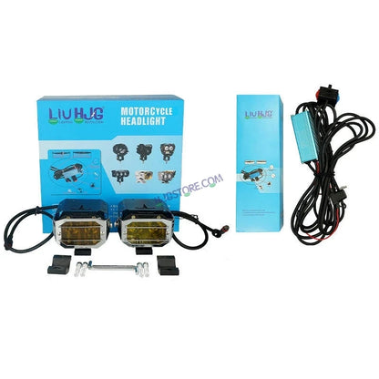 HJG Chrome Transformer Foglight 140W LED Projector with Wiring Kit Slider Yellow Cap Wide Spread White/Yellow 140W 2pc Foglight Ultra Wide Dual Intensity LED Driving Fog Lights 3000K/6500K Universal For All Cars & Bikes, Pack of 2 with Wiring Harness Kit - HJGstore.com