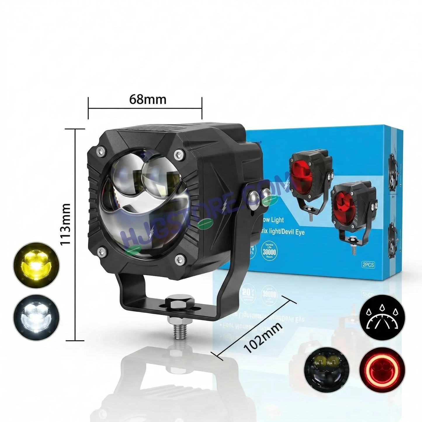 HJG Gorilla V2 Foglight Triple Lens 120W Gorilla V2 Tri Lens Fog New Model with Power Adaptor Ultra Wide Dual Intensity LED Driving Fog Lights White/Yellow/Red (2*60W = 120W Total) Universal For Cars & Bikes LIU HJG Gorilla V2 Projector Fog with Red DRL - HJGstore.com