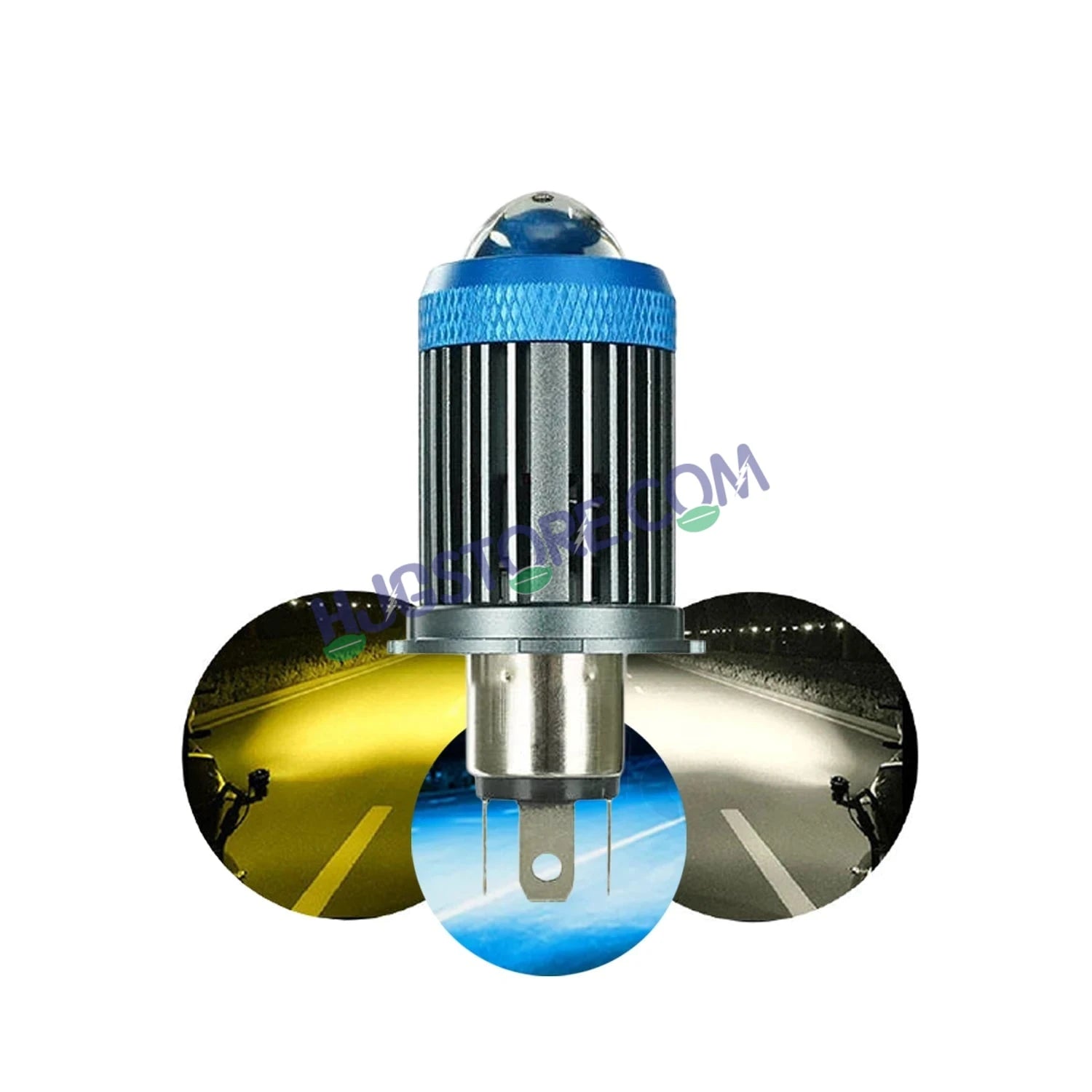 HJG H4 Lens LED Ice Blue Devil Lens New Model Ice Blue White Yellow LED Headlight Bulb H4 For All Motorcycles (Low and High Beam Bulbs (White/Yellow/Ice Blue) Ice Blue DRL White Yellow 50W Lens) - 12V DC Hi/Lo Type H4 - HJGstore.com