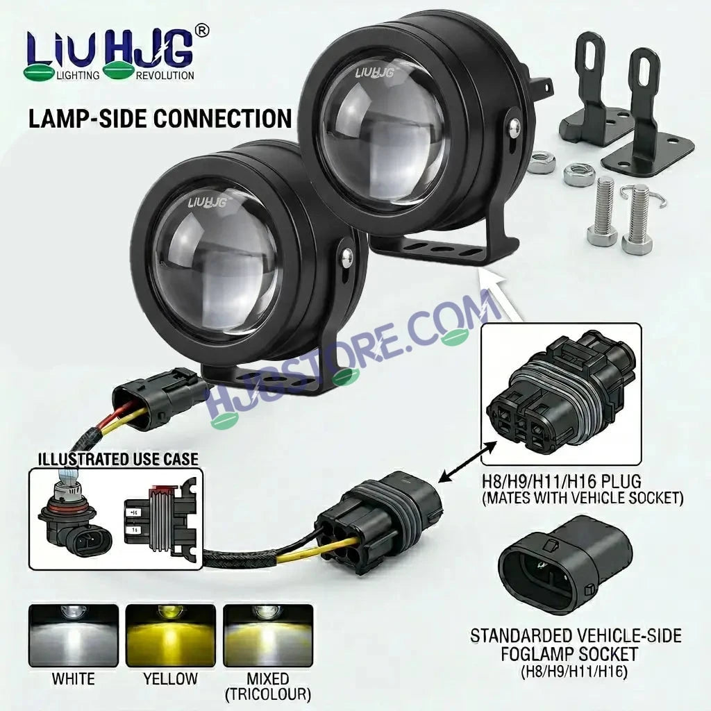 HJG 3-Inch Car Tri-Color LED Projector H-J162 Fog Lamp 2Pcs | 86W 8600LM/Pair | Direct Fit H8/H9/H11/H16 Socket | DC 12V-80V | 3200K-6500K White, Yellow, Warm White Hi/Lo | Premium Waterproof Driving Light For Car & SUV | LIU HJG H-J162 3 Inch Foglamp - HJGstore.com