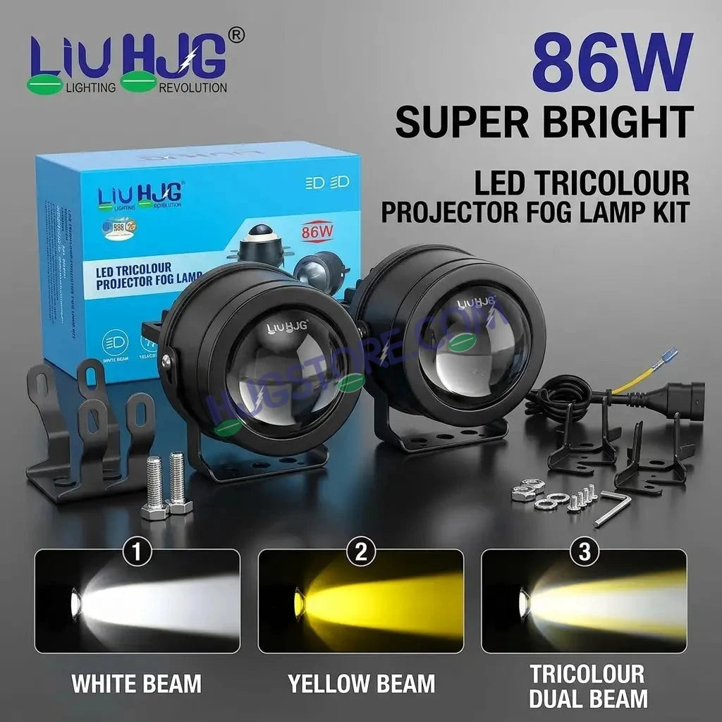 HJG 3-Inch Car Tri-Color LED Projector H-J162 Fog Lamp 2Pcs | 86W 8600LM/Pair | Direct Fit H8/H9/H11/H16 Socket | DC 12V-80V | 3200K-6500K White, Yellow, Warm White Hi/Lo | Premium Waterproof Driving Light For Car & SUV | LIU HJG H-J162 3 Inch Foglamp - HJGstore.com