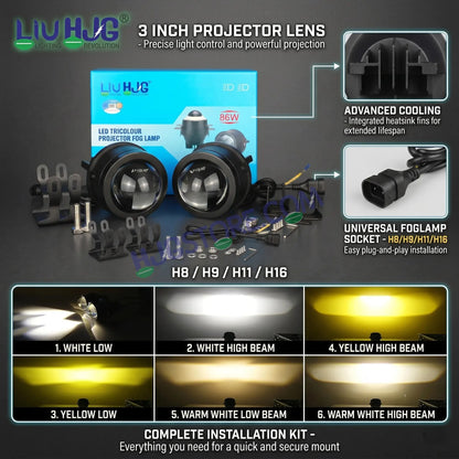 HJG 3-Inch Car Tri-Color LED Projector H-J162 Fog Lamp 2Pcs | 86W 8600LM/Pair | Direct Fit H8/H9/H11/H16 Socket | DC 12V-80V | 3200K-6500K White, Yellow, Warm White Hi/Lo | Premium Waterproof Driving Light For Car & SUV | LIU HJG H-J162 3 Inch Foglamp - HJGstore.com