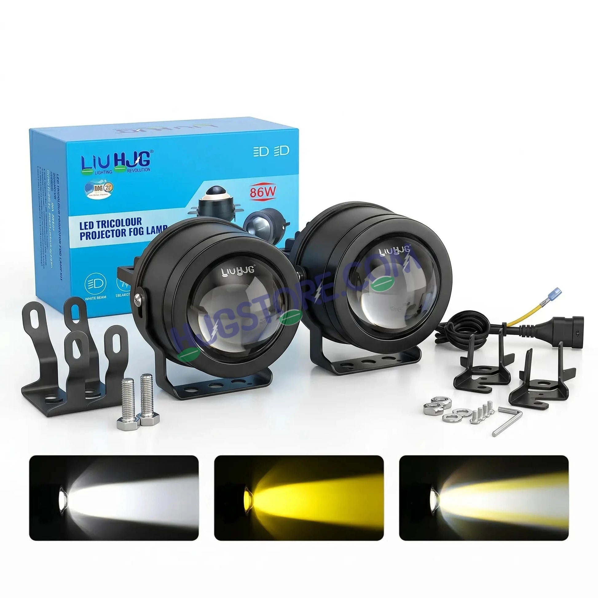 HJG 3-Inch Car Tri-Color LED Projector H-J162 Fog Lamp 2Pcs | 86W 8600LM/Pair | Direct Fit H8/H9/H11/H16 Socket | DC 12V-80V | 3200K-6500K White, Yellow, Warm White Hi/Lo | Premium Waterproof Driving Light For Car & SUV | LIU HJG H-J162 3 Inch Foglamp - HJGstore.com
