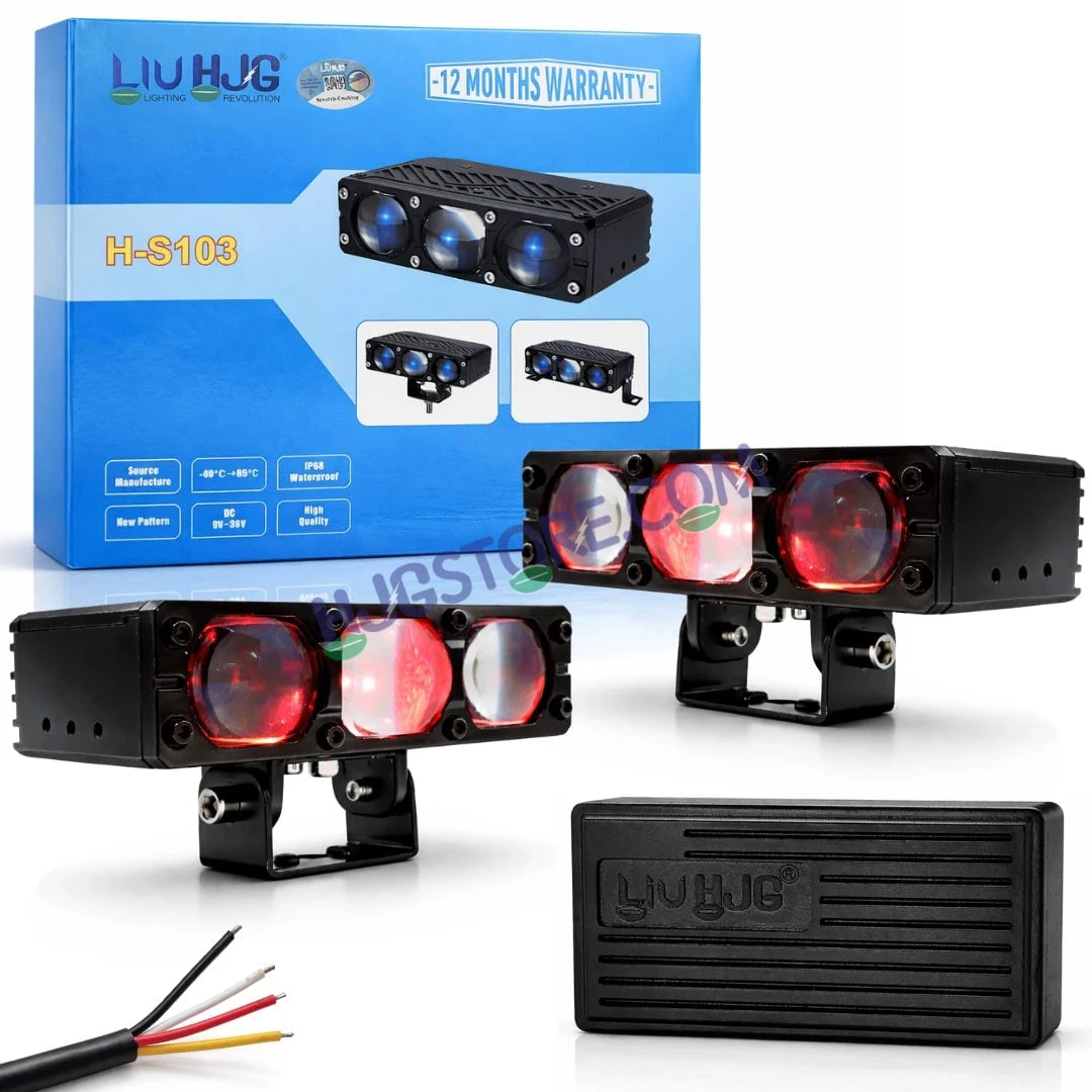HJG HS103 200W 3-Lens LED Front Grille Fog Light | 3000K Yellow & 6000K White Dual Color Beam | Red Devil Eye DRL | 20000LM IP68 Waterproof 12V-80V 200W Universal Auxiliary Driving Pods for Car, Motorcycle & SUV LIU HJG HS103 Triple Lens 200W Slim Drive - HJGstore.com