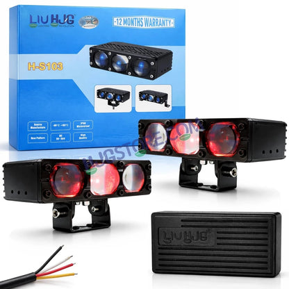 HJG HS103 200W 3-Lens LED Front Grille Fog Light | 3000K Yellow & 6000K White Dual Color Beam | Red Devil Eye DRL | 20000LM IP68 Waterproof 12V-80V 200W Universal Auxiliary Driving Pods for Car, Motorcycle & SUV LIU HJG HS103 Triple Lens 200W Slim Drive - HJGstore.com