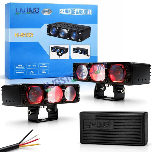 HJG HS103 200W 3-Lens LED Front Grille Fog Light | 3000K Yellow & 6000K White Dual Color Beam | Red Devil Eye DRL | 20000LM IP68 Waterproof 12V-80V 200W Universal Auxiliary Driving Pods for Car, Motorcycle & SUV LIU HJG HS103 Triple Lens 200W Slim Drive - HJGstore.com