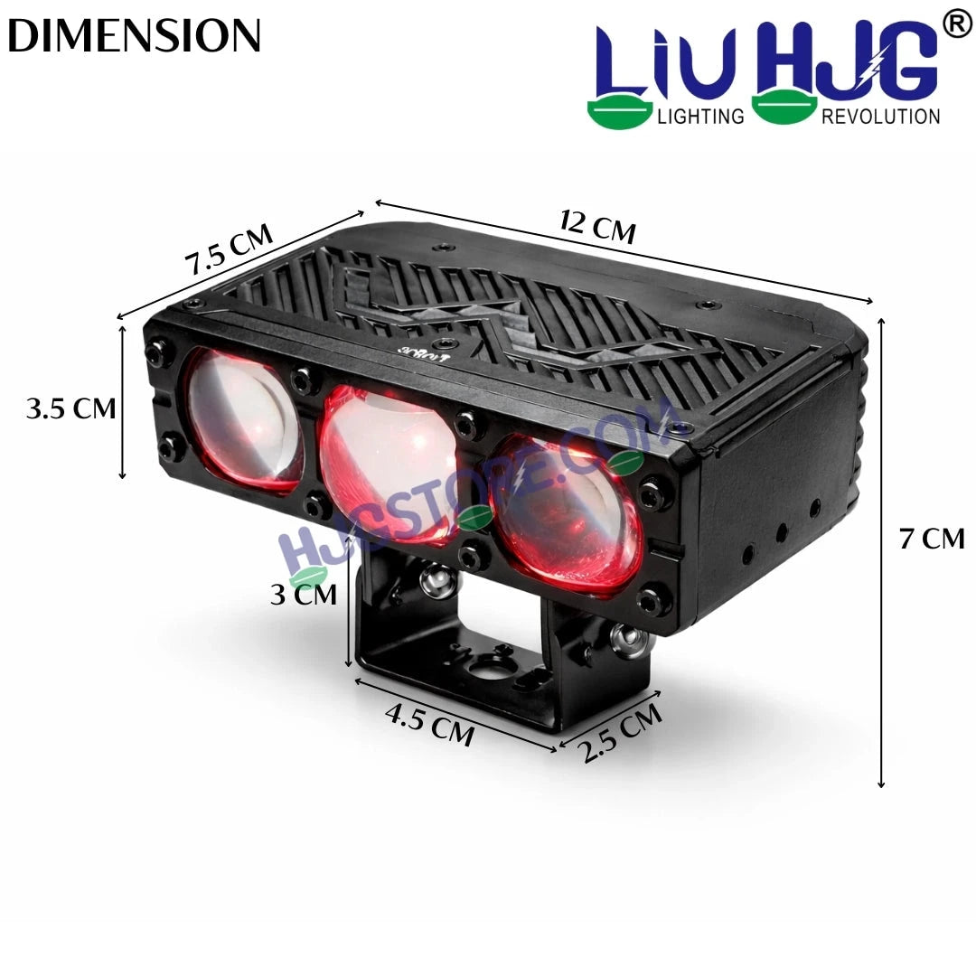 HJG HS103 200W 3-Lens LED Front Grille Fog Light | 3000K Yellow & 6000K White Dual Color Beam | Red Devil Eye DRL | 20000LM IP68 Waterproof 12V-80V 200W Universal Auxiliary Driving Pods for Car, Motorcycle & SUV LIU HJG HS103 Triple Lens 200W Slim Drive - HJGstore.com
