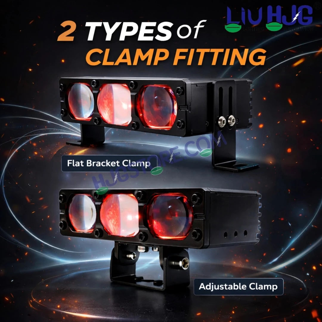 HJG HS103 200W 3-Lens LED Front Grille Fog Light | 3000K Yellow & 6000K White Dual Color Beam | Red Devil Eye DRL | 20000LM IP68 Waterproof 12V-80V 200W Universal Auxiliary Driving Pods for Car, Motorcycle & SUV LIU HJG HS103 Triple Lens 200W Slim Drive - HJGstore.com