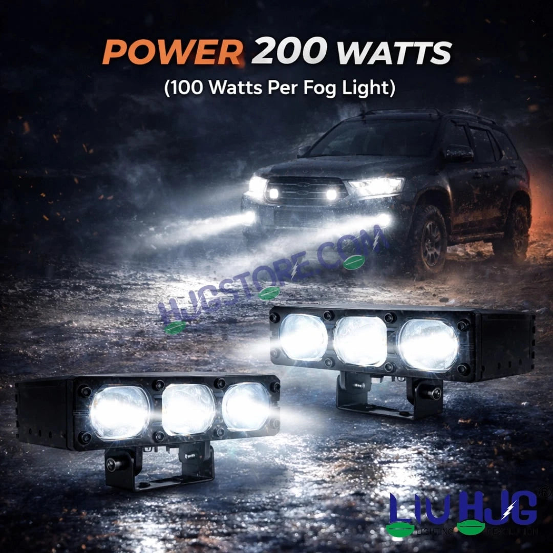 HJG HS103 200W 3-Lens LED Front Grille Fog Light | 3000K Yellow & 6000K White Dual Color Beam | Red Devil Eye DRL | 20000LM IP68 Waterproof 12V-80V 200W Universal Auxiliary Driving Pods for Car, Motorcycle & SUV LIU HJG HS103 Triple Lens 200W Slim Drive - HJGstore.com