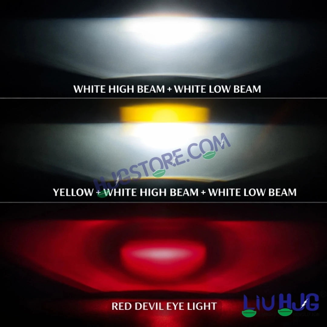 HJG HS103 200W 3-Lens LED Front Grille Fog Light | 3000K Yellow & 6000K White Dual Color Beam | Red Devil Eye DRL | 20000LM IP68 Waterproof 12V-80V 200W Universal Auxiliary Driving Pods for Car, Motorcycle & SUV LIU HJG HS103 Triple Lens 200W Slim Drive - HJGstore.com