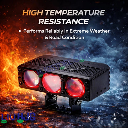 HJG HS103 200W 3-Lens LED Front Grille Fog Light | 3000K Yellow & 6000K White Dual Color Beam | Red Devil Eye DRL | 20000LM IP68 Waterproof 12V-80V 200W Universal Auxiliary Driving Pods for Car, Motorcycle & SUV LIU HJG HS103 Triple Lens 200W Slim Drive - HJGstore.com