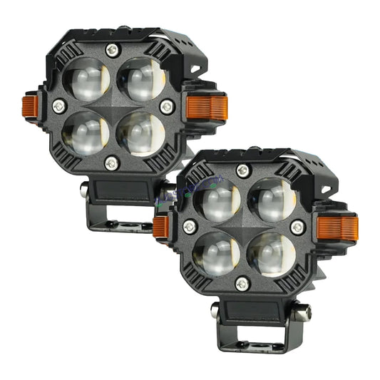HJG Hazard Series Foglight Quad 4x4 Lens 120W New Model with Red Orange Hazard DRL Foglight Ultra Wide Dual Intensity LED Fog Lights White/Yellow (2*60W= 120W Total) Universal For All Cars & Bikes LIU HJG Hazard S65 4x4 Lens Projector Fog Red Amber DRL - HJGstore.com