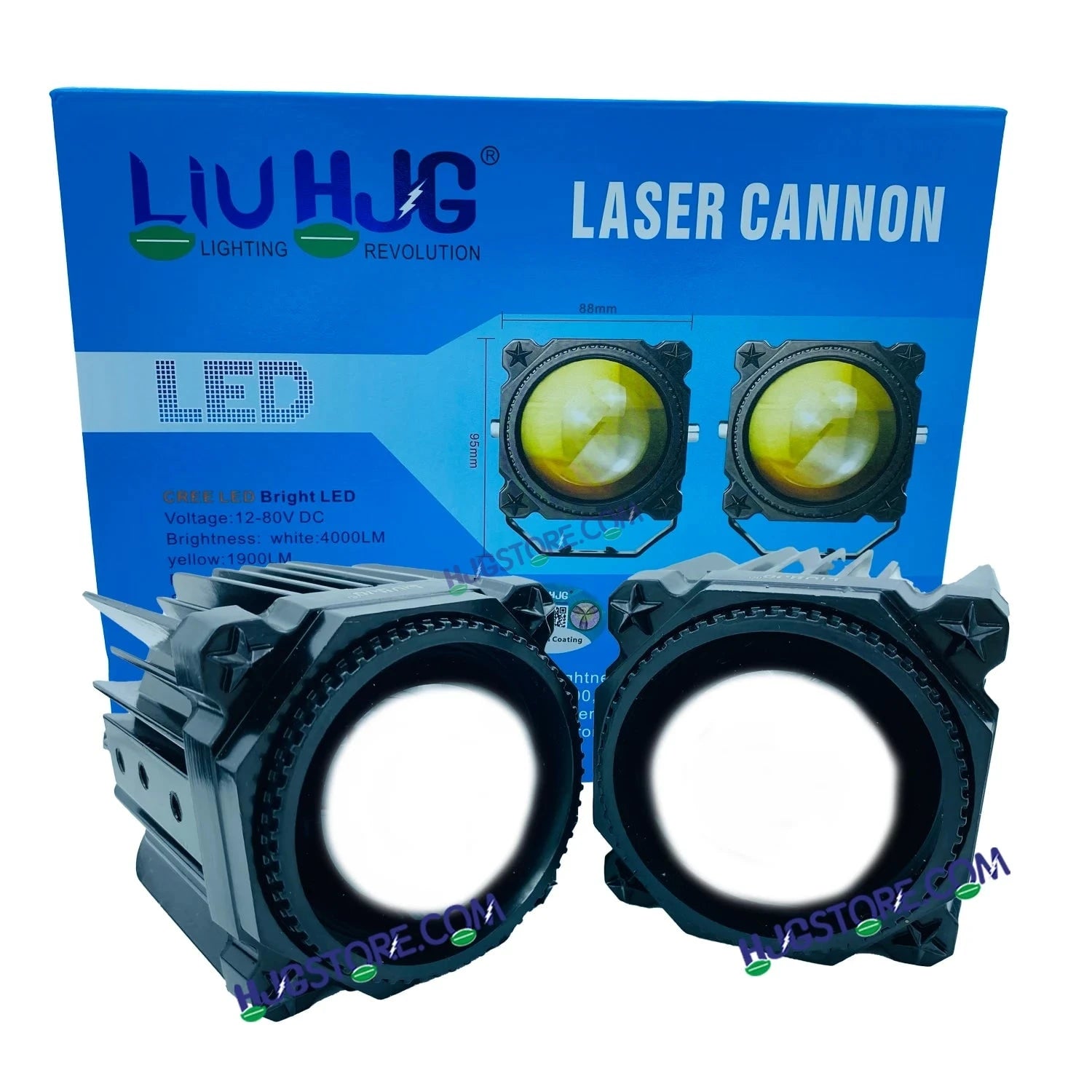 HJG Laser Cannon Foglight 500 Meters Laser Focus Projector Fog Projector Lens with 300 Meters Low Beam 500 Meters High Beam 80W Foglight Ultra Wide Dual Intensity LED Fog Lights White/Yellow Universal For All Cars & Bikes LIU HJG Laser Cannon Foglight 2pc - HJGstore.com