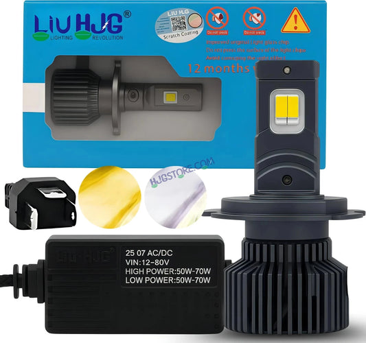 HJG M2 Mini 70W White/Yellow H4 Dual Beam New Model LED Bulb AC/DC Headlight LED Bulb White/Yellow Hi/Lo 70W H4 LED for Bike Car Light H4 LED with Fan Conversion Kit Hi/Lo Beam Headlight 12V/24V for Bike/Car, Set of 1, 7000 LM 70W, White/Yellow Hi/Lo - HJGstore.com