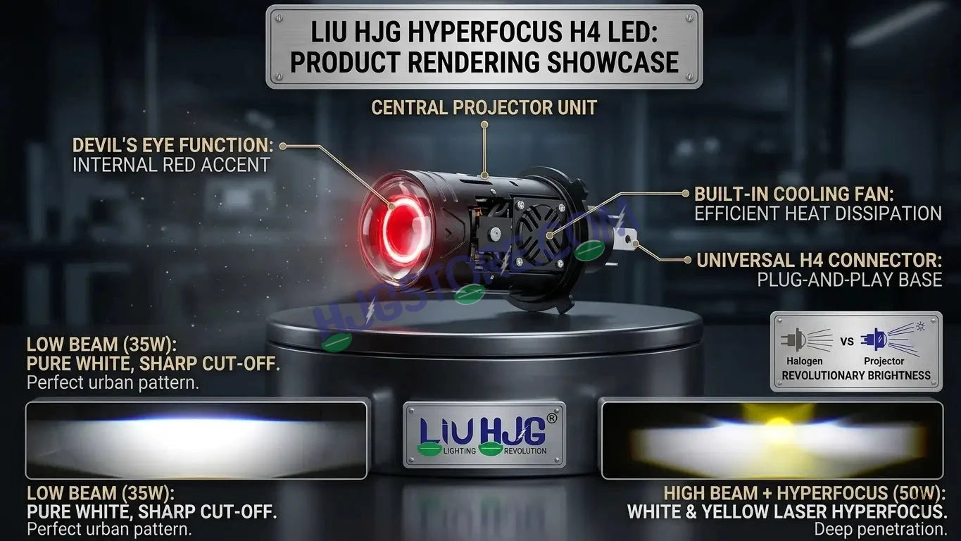 HJG N18 Laser Focus Projector Bulb 50W H4 Socket | White Low Beam & White with Yellow Hyper Focus Laser High Beam | Red Devil DRL Mode | Built-in Cooling Fan | Universal Headlight for Bikes and Cars LIU HJG N18 Laser Hyper Focus H4 Bulb - HJGstore.com