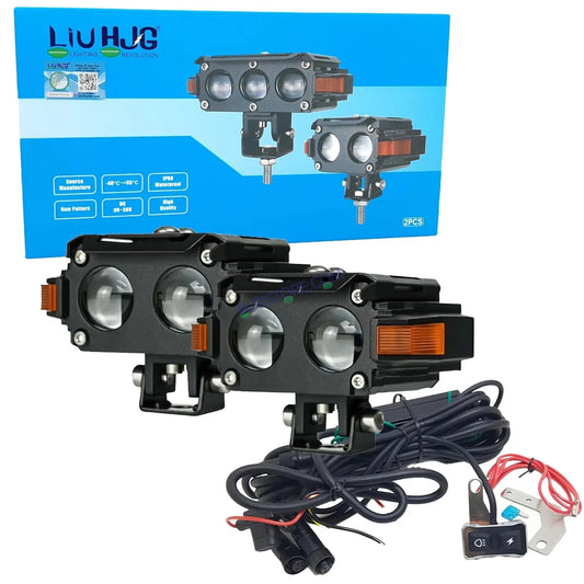 HJG Hazard 2 Lens Foglight with Wiring Kit Combo Double 2 Lens 80W with Hazard DRL Foglight Ultra Wide Dual Intensity LED Fog Lights White/Yellow (2*40W = 80W Total) Universal For All Cars & Bikes LIU HJG Hazard S60 2 Lens Projector Fog with Wiring Kit - HJGstore.com