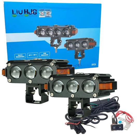 HJG Hazard 3 Lens Foglight with Wiring Kit Combo Triple 3 Lens 120W with Hazard DRL Foglight Ultra Wide Dual Intensity LED Fog Lights White/Yellow (2*60W = 120W Total) Universal For All Cars & Bikes LIU HJG Hazard S61 3 Lens Projector Fog with Wiring Kit - HJGstore.com