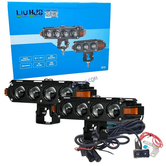 HJG Hazard 4 Lens Foglight with Wiring Kit Combo Quad 4 Lens 160W with Hazard DRL Foglight Ultra Wide Dual Intensity LED Fog Lights White/Yellow (2*80W = 160W Total) Universal For All Cars & Bikes LIU HJG Hazard S62 4 Lens Projector Fog with Wiring Kit - HJGstore.com