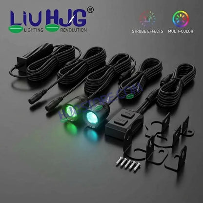 HJG 2 Pcs Motorcycle LED Strobe Light Kit with Remote Control, Wiring Harness, Relay Module & Switch - Multi-Color Flashing Auxiliary Projector Lights - Universal Fit for Bikes, Cars, SUVs, Cruisers & Custom Builds - HJGstore.com