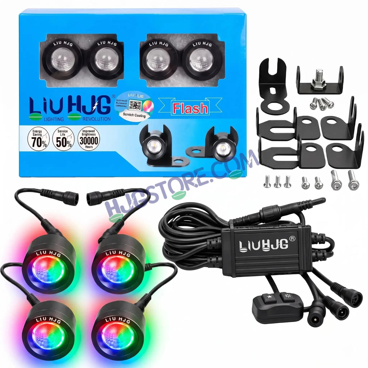 HJG 4 Pcs Motorcycle LED Strobe Light Kit with Remote Control, Wiring Harness, Relay Module & Switch - RGB Multi-Color Flashing Auxiliary Projector Lights - Universal Fit for Bikes, Cars, SUVs, Cruisers & Custom Builds - HJGstore.com