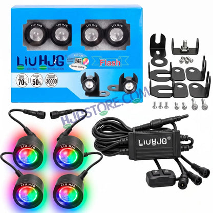 HJG 4 Pcs Motorcycle LED Strobe Light Kit with Remote Control, Wiring Harness, Relay Module & Switch - RGB Multi-Color Flashing Auxiliary Projector Lights - Universal Fit for Bikes, Cars, SUVs, Cruisers & Custom Builds - HJGstore.com