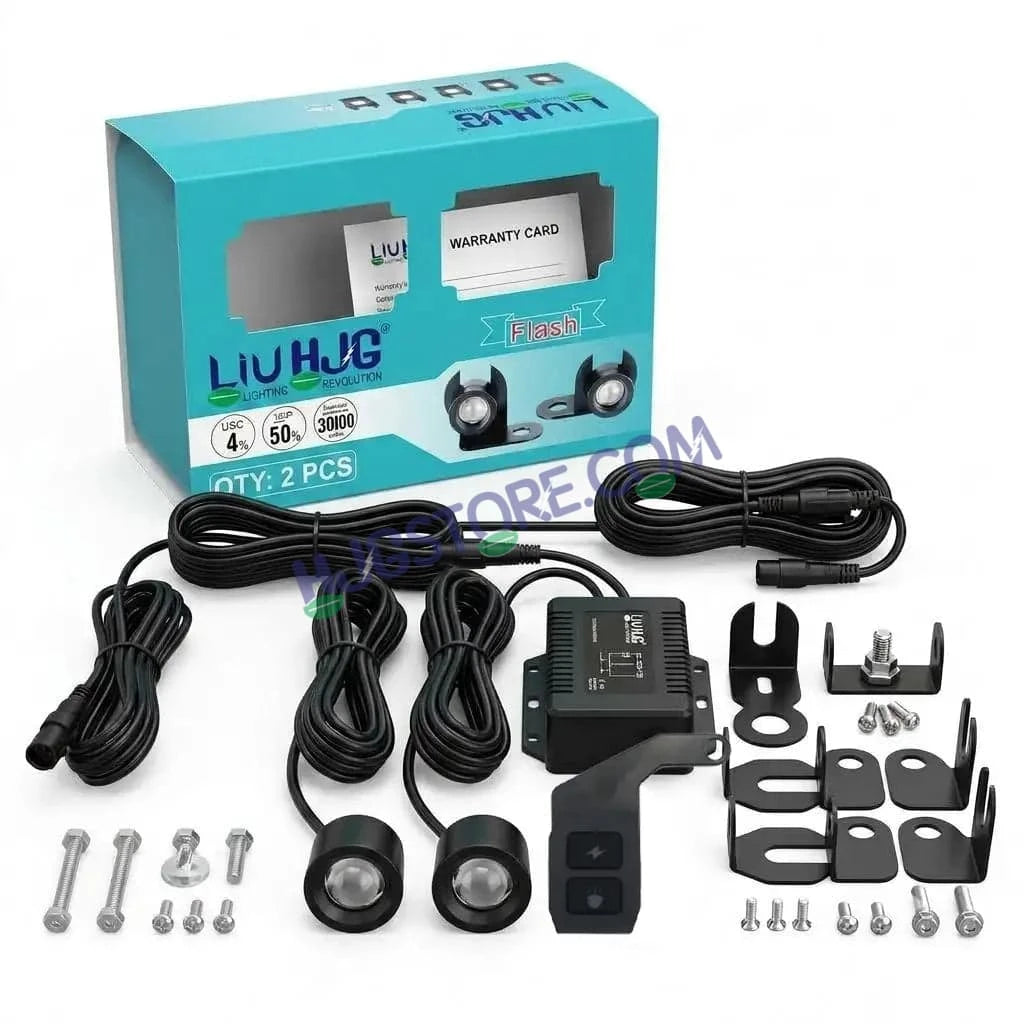 HJG 2 Pcs Motorcycle LED Strobe Light Kit with Remote Control, Wiring Harness, Relay Module & Switch - Multi-Color Flashing Auxiliary Projector Lights - Universal Fit for Bikes, Cars, SUVs, Cruisers & Custom Builds - HJGstore.com