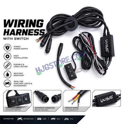 HJG Premium 3 Pin 120W Wiring Harness Kit with Backlight Switch & Flashing Mode | Waterproof Coupler-to-Coupler Fitting for Fog & Auxiliary Lights | Universal Fit for Motorcycles, Cars, SUVs & ATVs, Included Couplers for Coupler to Coupler Fitting - HJGstore.com