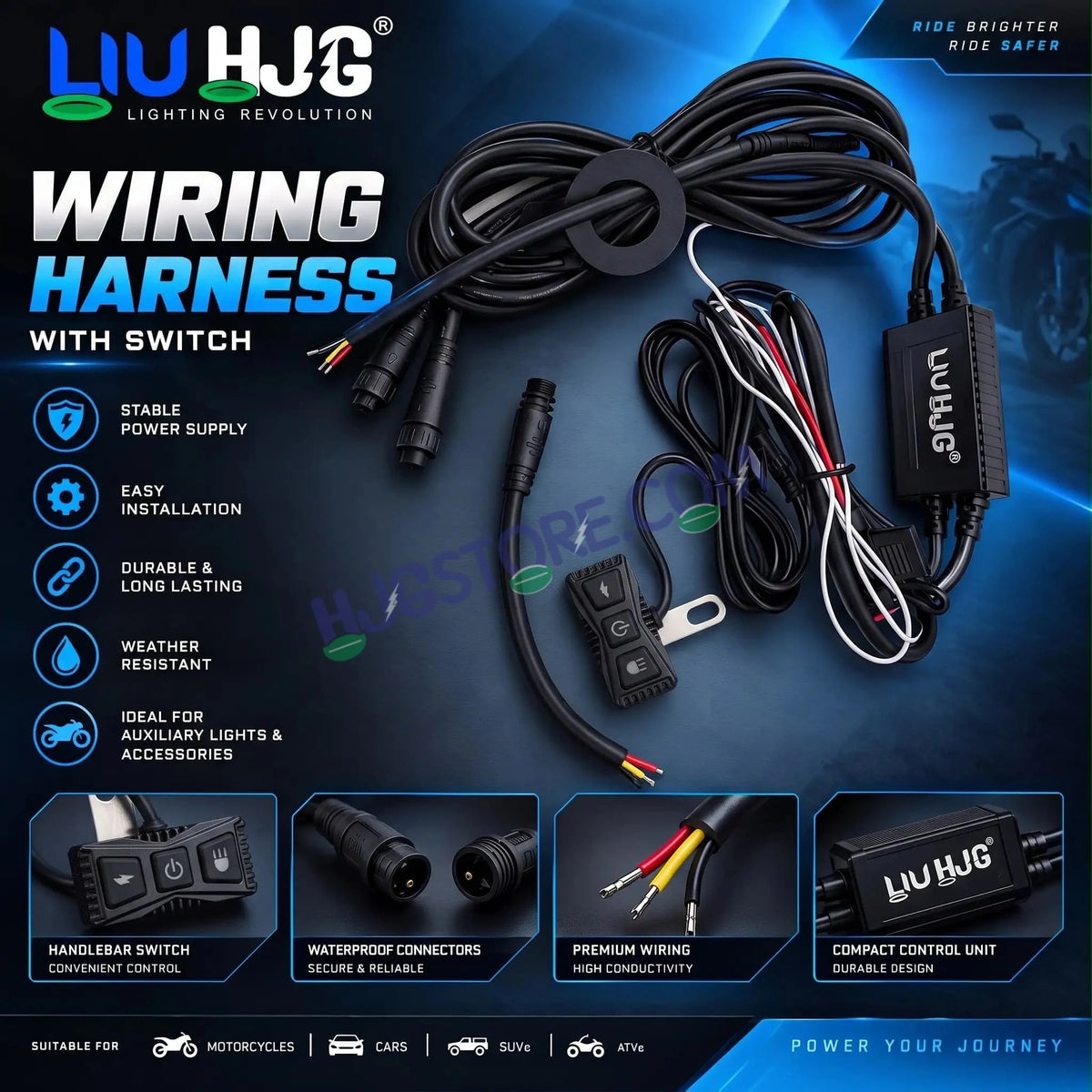HJG Premium 3 Pin 120W Wiring Harness Kit with Backlight Switch & Flashing Mode | Waterproof Coupler-to-Coupler Fitting for Fog & Auxiliary Lights | Universal Fit for Motorcycles, Cars, SUVs & ATVs, Included Couplers for Coupler to Coupler Fitting - HJGstore.com