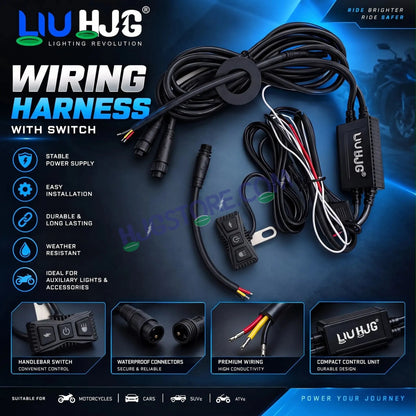 HJG Premium 3 Pin 120W Wiring Harness Kit with Backlight Switch & Flashing Mode | Waterproof Coupler-to-Coupler Fitting for Fog & Auxiliary Lights | Universal Fit for Motorcycles, Cars, SUVs & ATVs, Included Couplers for Coupler to Coupler Fitting - HJGstore.com
