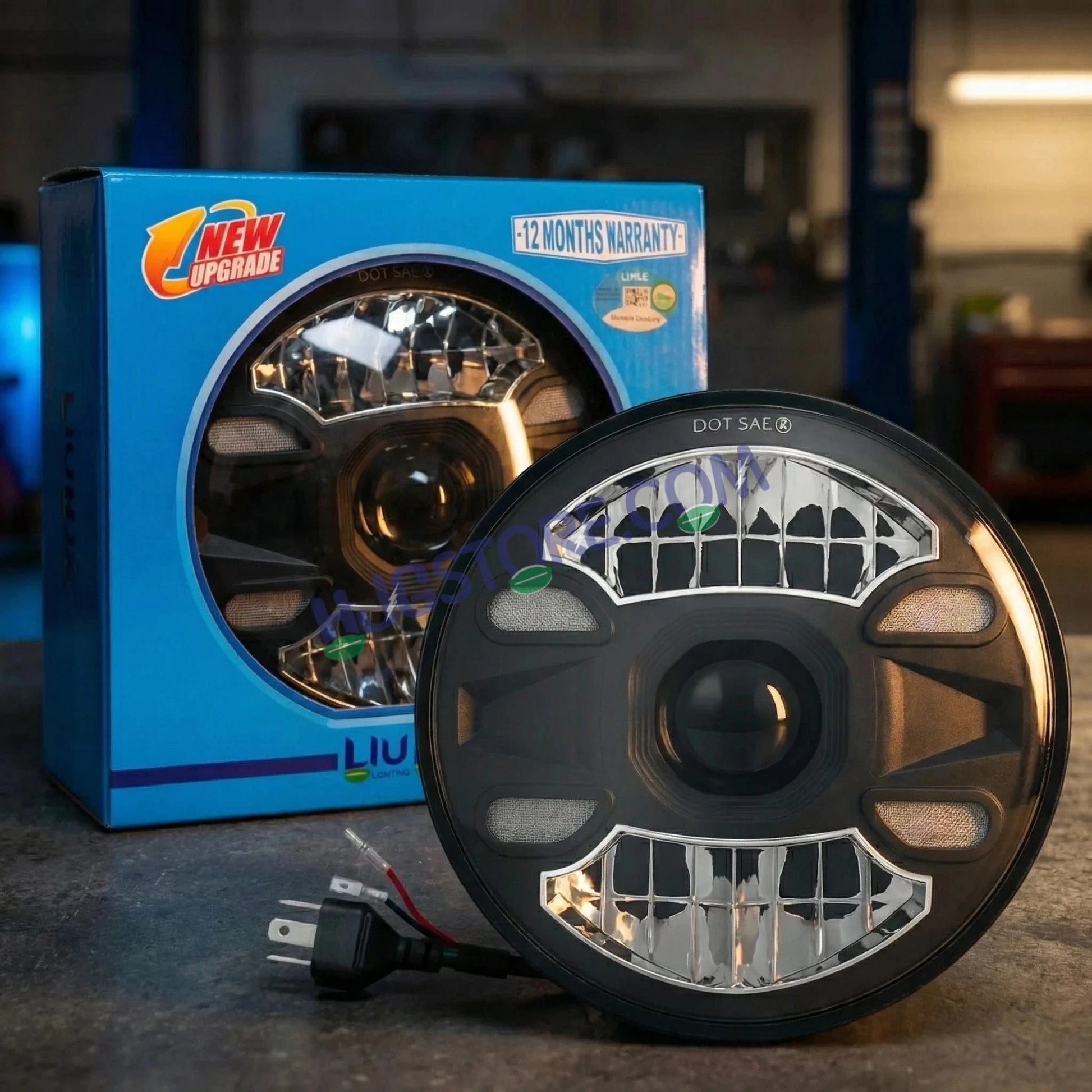 HJG New 4 Dot DRL 100W Projector Ultra Wide 7 Inch Headlight Assembly C-188 White LED Headlight New Model Projector Headlight Assembly for Royal Enfield | 100W CREE/Osram LED Chip Multi color White/Yellow Compatible with Royal Enfield, Jeep, Thar, Gypsy - HJGstore.com