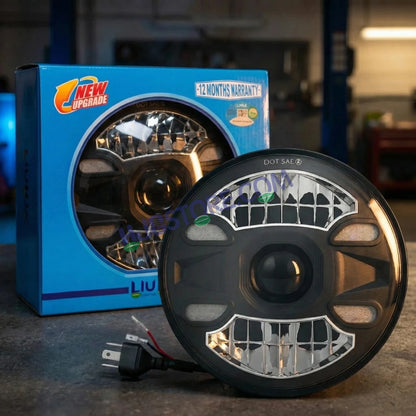 HJG New 4 Dot DRL 100W Projector Ultra Wide 7 Inch Headlight Assembly C-188 White LED Headlight New Model Projector Headlight Assembly for Royal Enfield | 100W CREE/Osram LED Chip Multi color White/Yellow Compatible with Royal Enfield, Jeep, Thar, Gypsy - HJGstore.com