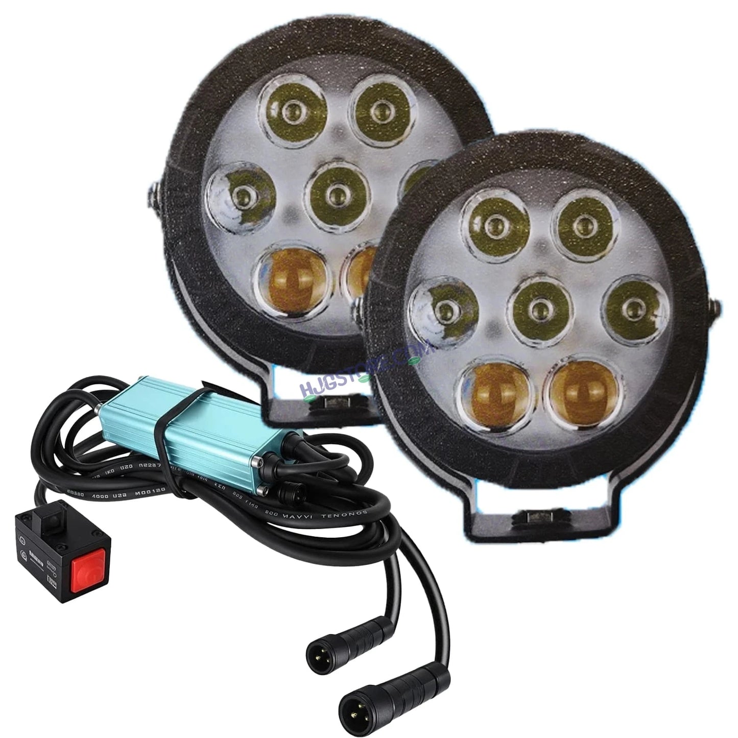 HJG New 7 LED 140W Projector CREE Combo Round Foglight with Yellow Cover 140W 7 LED HJG 140W 5 LED CREE 2 LED Projector 7 LED Foglight Car Accessories Led Headlights Lights Led Fog Lights For Motorcycle Car SUV Lights, Set of 2 with Wiring Harness Kit