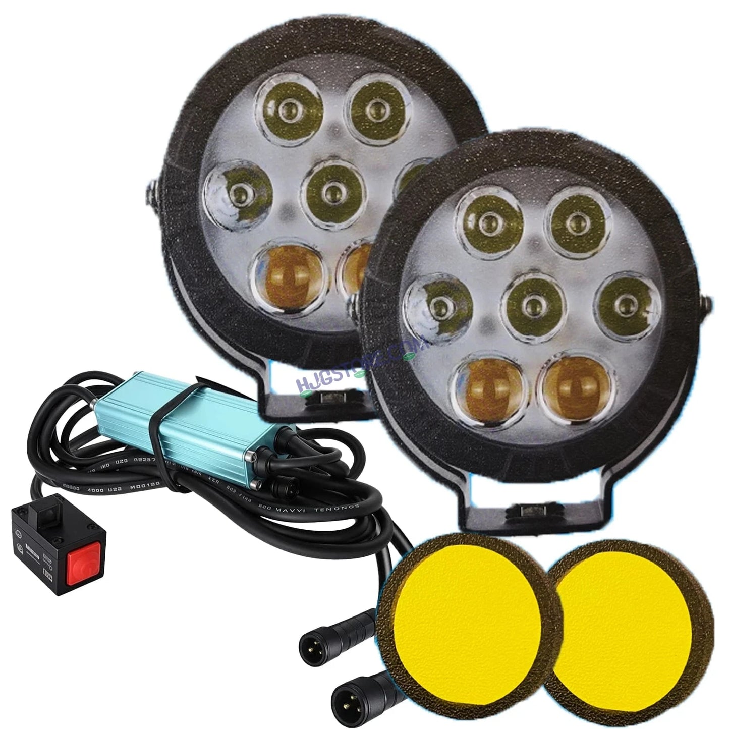 HJG New 7 LED 140W Projector CREE Combo Round Foglight with Yellow Cover 140W 7 LED HJG 140W 5 LED CREE 2 LED Projector 7 LED Foglight Car Accessories Led Headlights Lights Led Fog Lights For Motorcycle Car SUV Lights, Set of 2 with Wiring Harness Kit