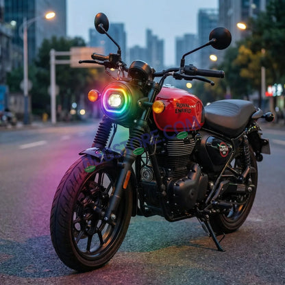 HJG RGB Ring DRL 90W Projector Ultra Wide 7 Inch Headlight Assembly Mobile App Control C-316 White LED Headlight New Model Projector Headlight Assembly for Royal Enfield | 90W CREE/Osram LED Chip Multi DRL Compatible with Royal Enfield, Jeep, Thar, Gypsy - HJGstore.com