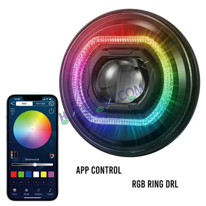 HJG 7 Inch RGB LED Headlight Assembly | 75-120W CREE/Osram | Multicolor Compatible with Royal Enfield, Jeep, Thar, Gypsy - HJGstore.com