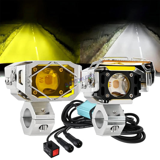 HJG Chrome Transformer Foglight 140W LED Projector with Wiring Kit Slider Yellow Cap Wide Spread White/Yellow 140W 2pc Foglight Ultra Wide Dual Intensity LED Driving Fog Lights 3000K/6500K Universal For All Cars & Bikes, Pack of 2 with Wiring Harness Kit - HJGstore.com