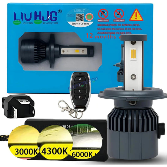 HJG M3 Remote Multi Beam 120W H4 3 in 1 3000K 4300K 6000K LED Bulb AC/DC Headlight White/Yellow/Warm White/Flash Beam 60W + 60W for Bike Car Light H4 LED with Fan Remote Hi/Lo Beam Headlight 12V/24V for Bike/Car, Set of 1, White/Yellow/Warm White Hi/Lo - HJGstore.com