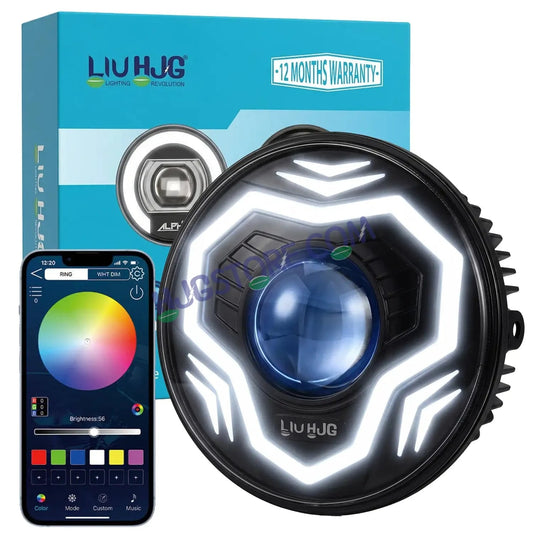 HJG C-292 Prime App-Controlled RGB DRL 7 Inch Headlight Assembly White Amber 7 Inch Headlight Assembly 108W Projector Ultra Wide C-292 LED Headlight Assembly | 108W CREE/Osram LED Chip RGB App Control DRL Compatible with Royal Enfield, Jeep, Thar, Gypsy - HJGstore.com