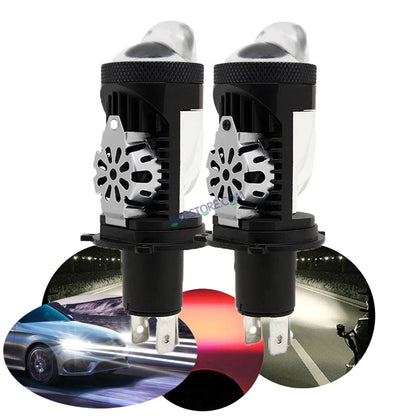 HJG RTD Lens H4 2pc for Car New Model RTD Lens Dual Projector Lens H4 LED Bulb 100W HJG Projector Light H4 LED Mini Projector Lens with Fan Bulb 12000LM Conversion Kit Hi/Lo Beam Headlight 12V/24V for Bike/Car/SUV, Set of 2, Red Devil DRL/White Hi/Lo 2pc - HJGstore.com