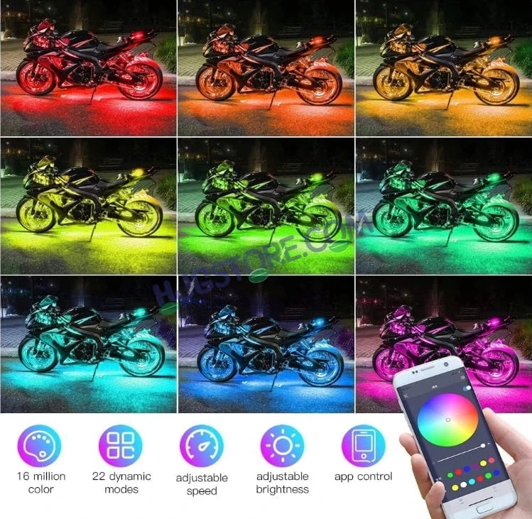 HJG 6Pcs Motorcycle Ambient Lighting Kit, Smart Mobile App Controlled RGB LED Underglow Strips (12V) | Waterproof & All Weather Proof | Flexible, Bendable & Can Be Cut Anywhere for Custom Fit | Multi-Color Accent Glow for All Bikes LIU HJG Ambient Light - HJGstore.com